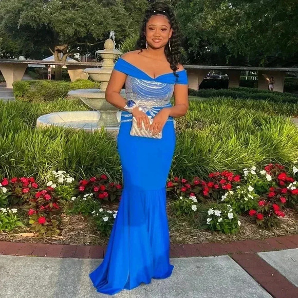 Dresses & Skirts - Royal Blue and Silver Elegant Long Mermaid Off Shoulder Prom Dress